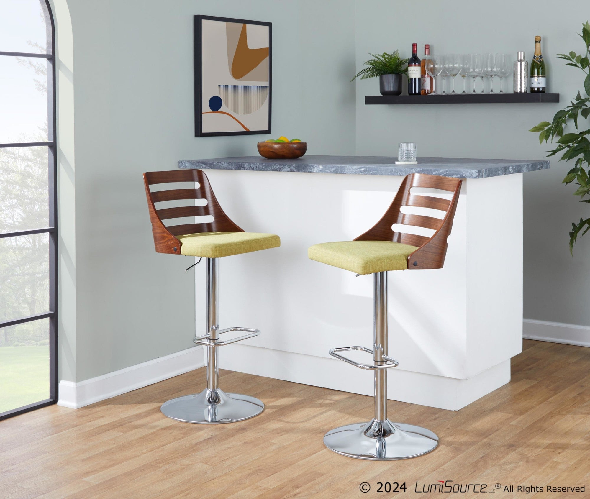 Trevi Adjustable Barstool - Chrome, Walnut Wood, Green Fabric