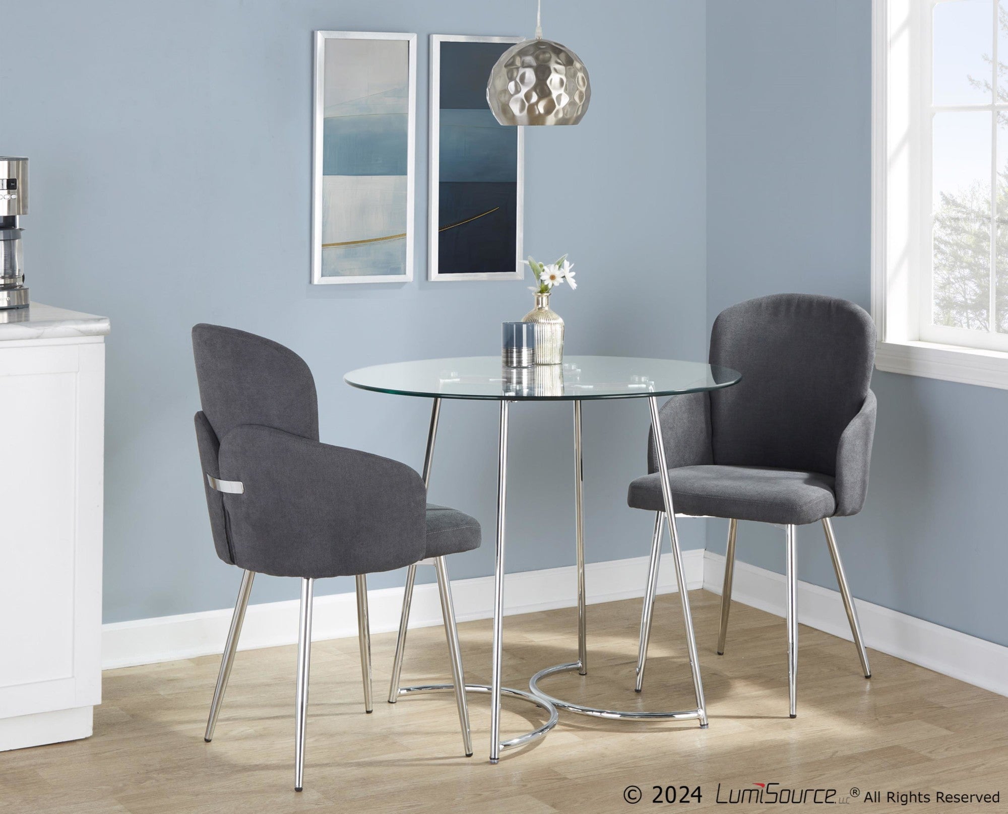 Cece-dahlia Dining Set - 3 Piece - Chrome Metal, Clear Glass, Grey Fabric