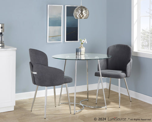 Cece-dahlia Dining Set - 3 Piece - Chrome Metal, Clear Glass, Grey Fabric