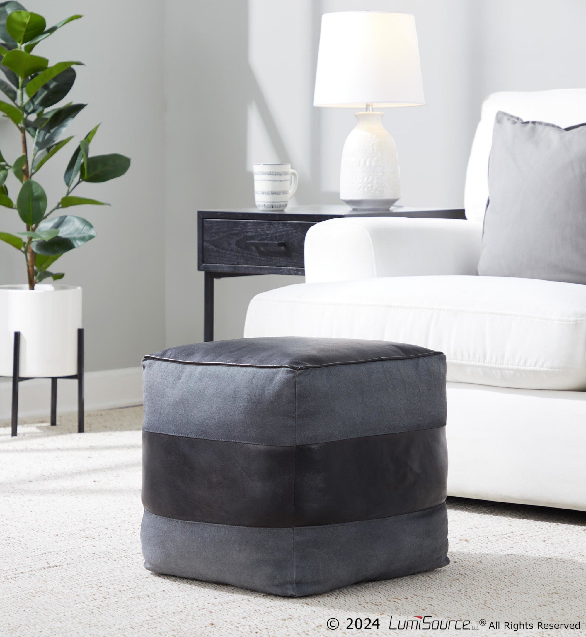 Cobbler Canvas Pouf - Black Leather, Grey Canvas