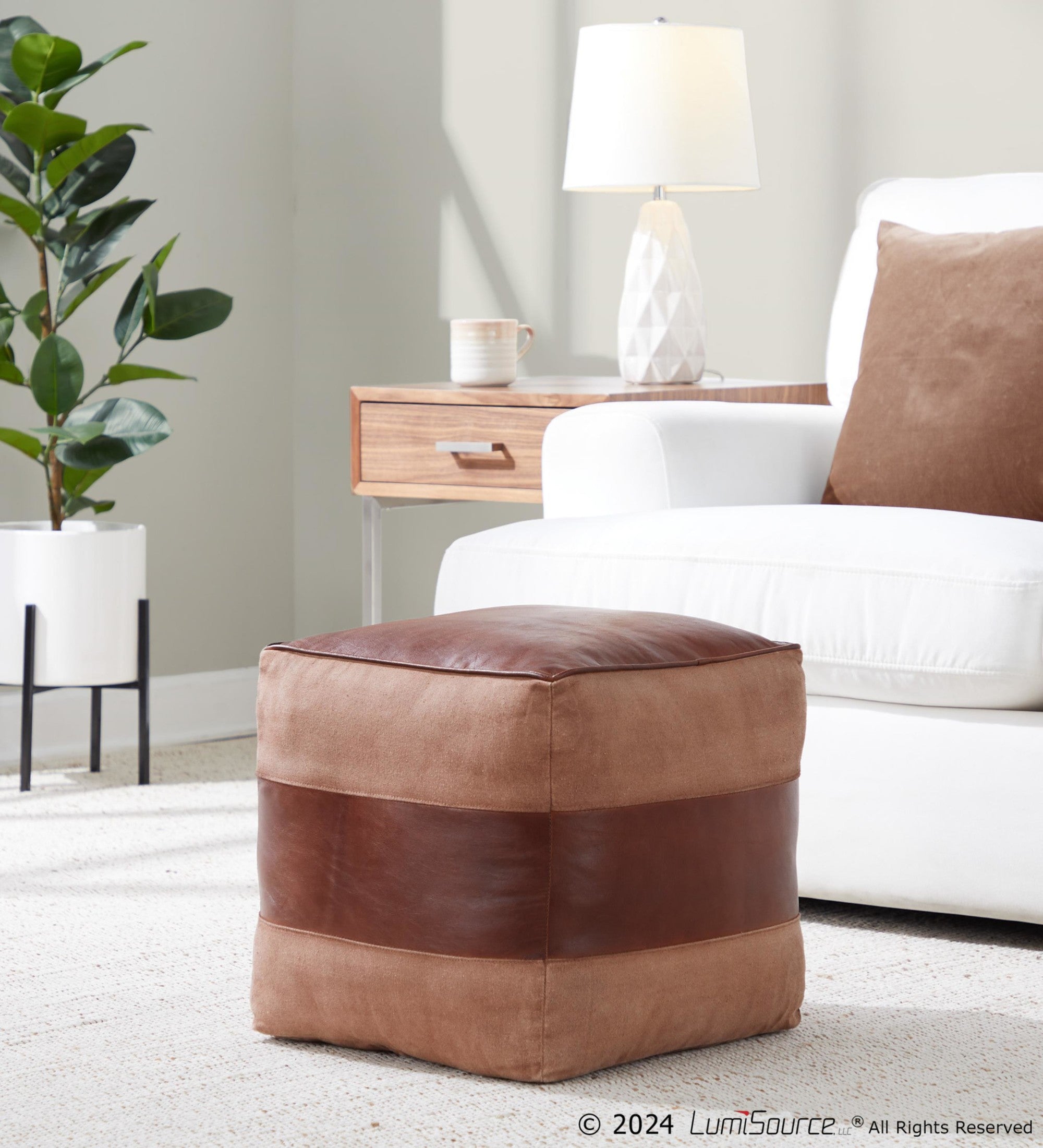 Cobbler Canvas Pouf - Espresso Leather, Tan Canvas
