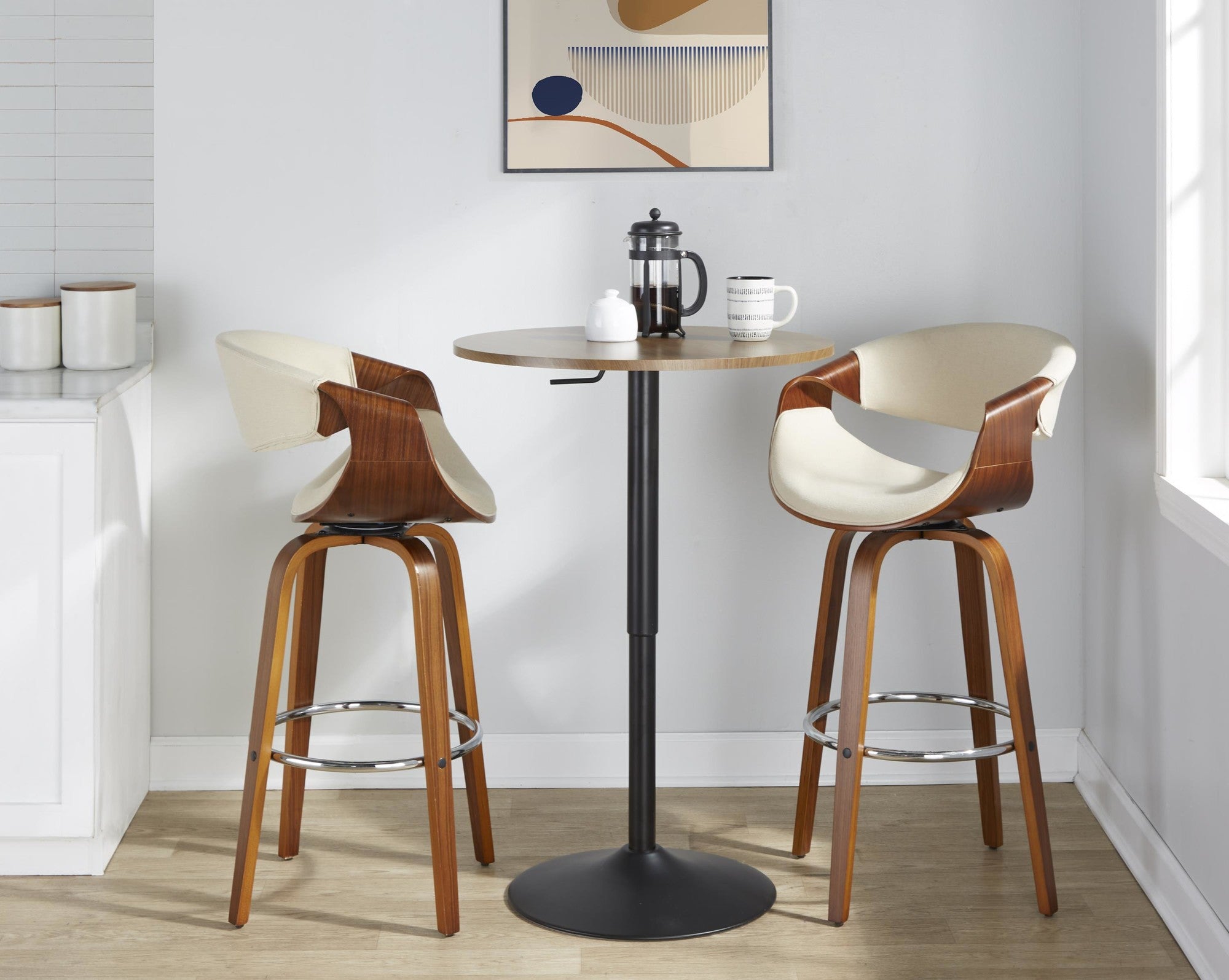Curvini 30'' Fixed-Height Barstool - Set of 2 - Walnut Wood, Cream Fabric, Chrome