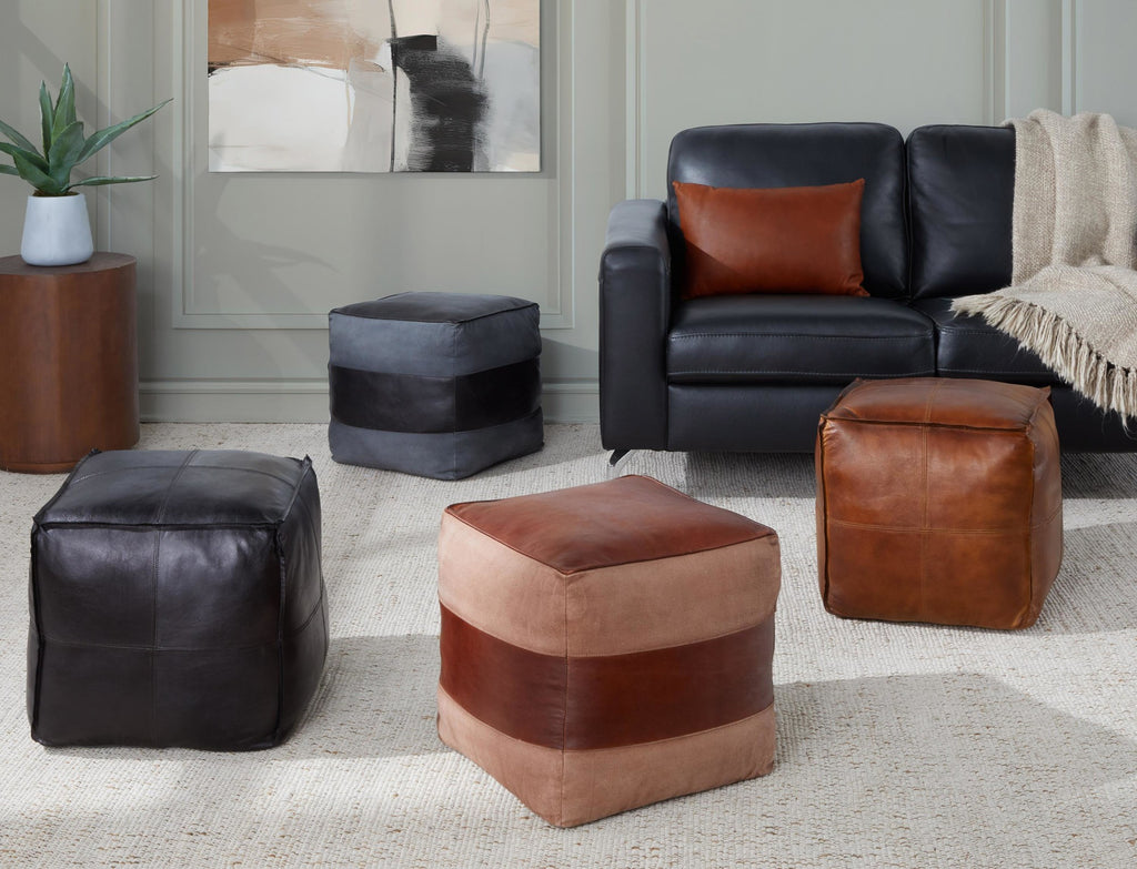 Cobbler Canvas Pouf - Espresso Leather, Tan Canvas