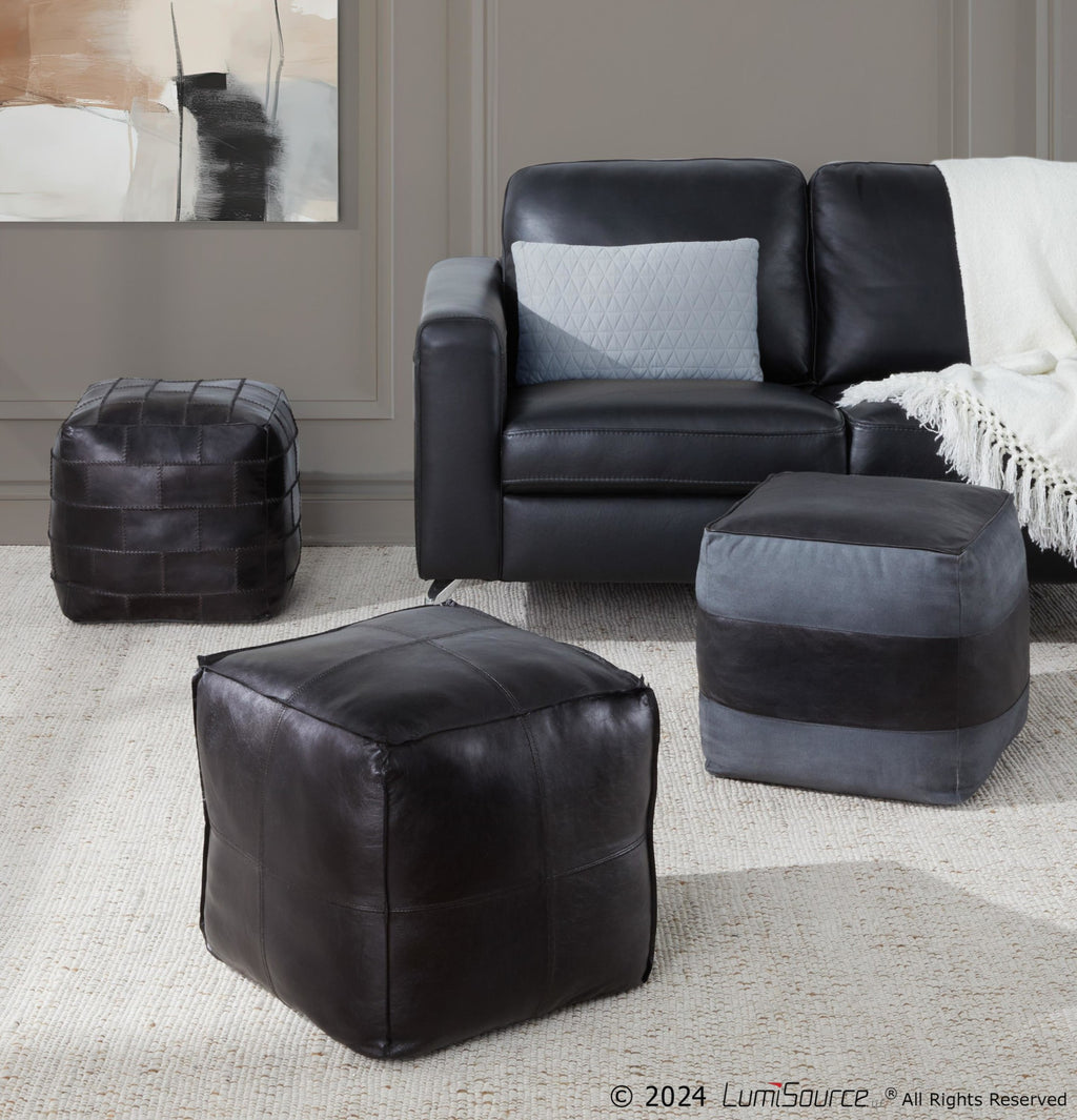Cobbler Canvas Pouf - Black Leather, Grey Canvas