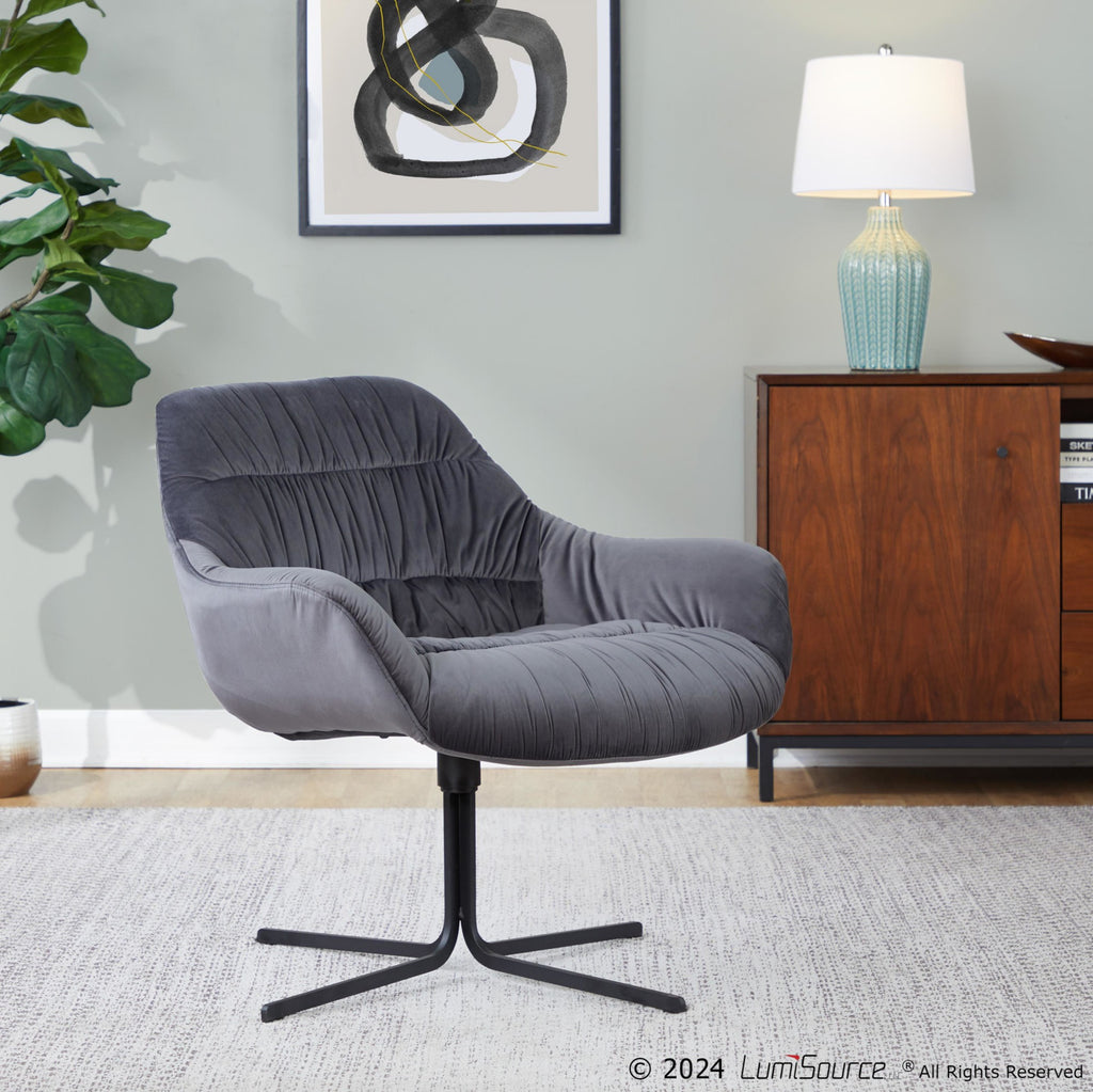 Wayne Swivel Lounge Chair - Black Metal, Grey Velvet