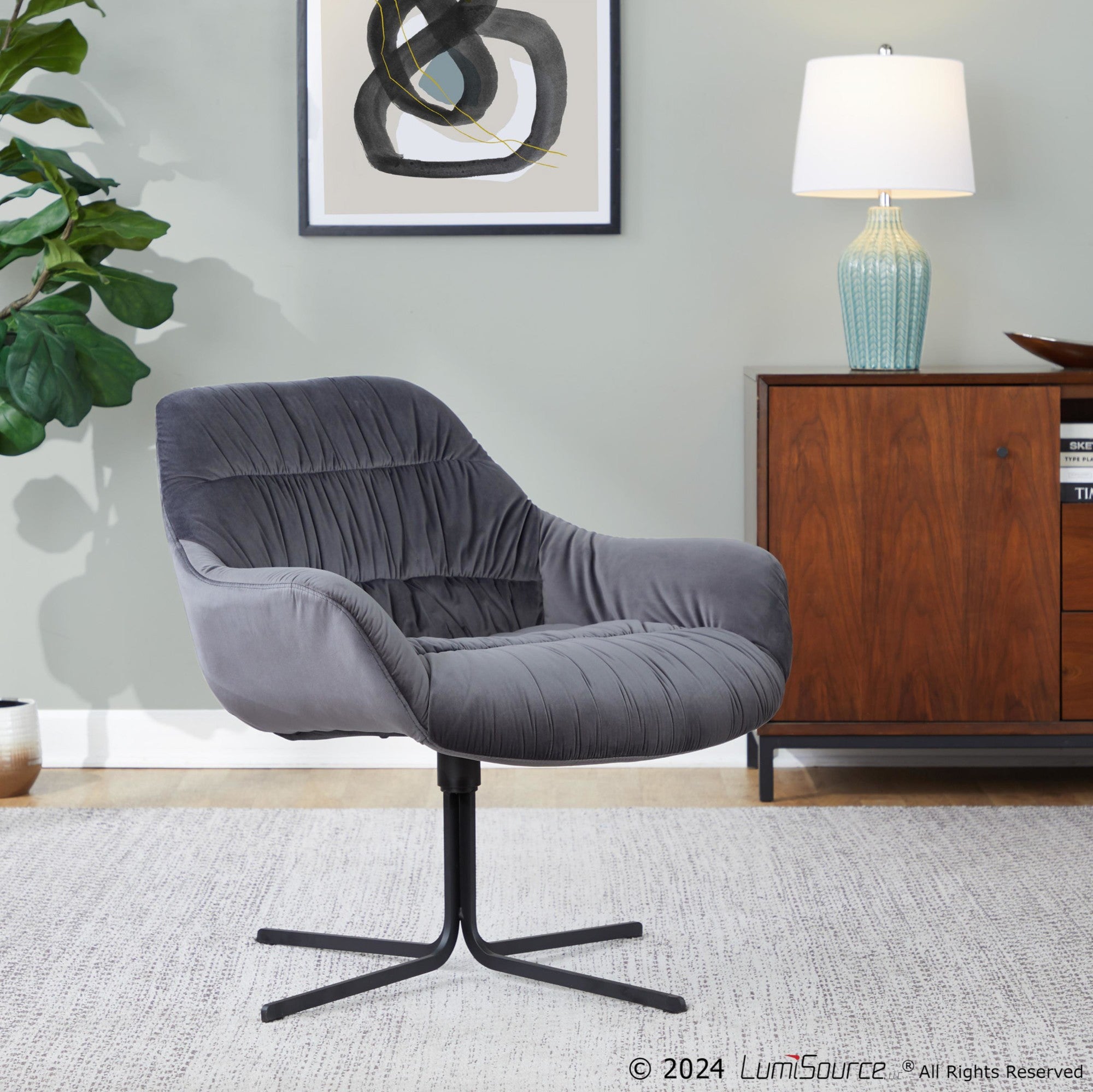 Wayne Swivel Lounge Chair - Black Metal, Grey Velvet
