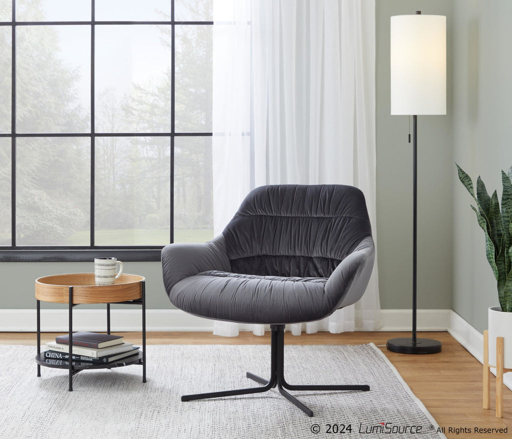Wayne Swivel Lounge Chair - Black Metal, Grey Velvet