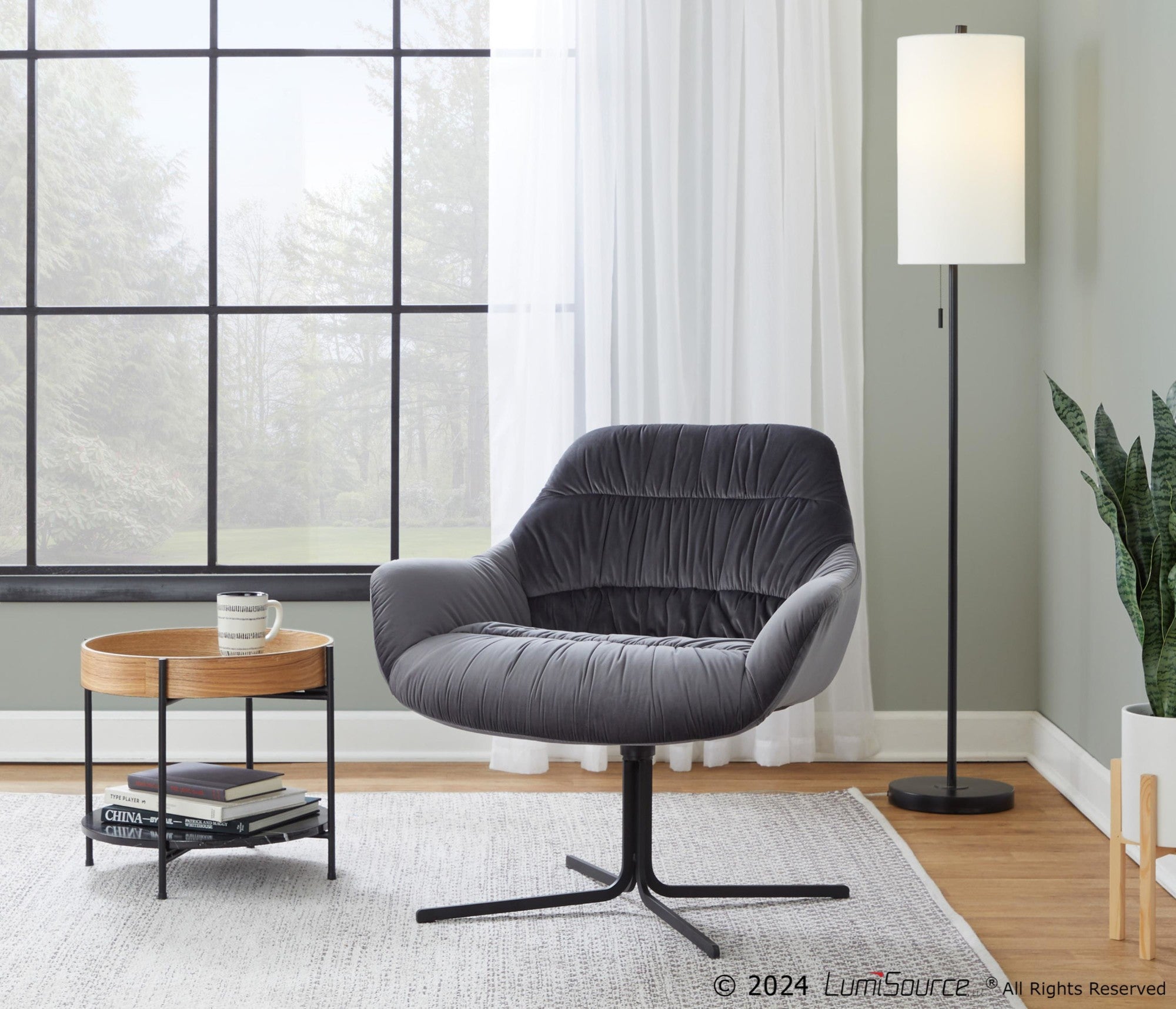 Wayne Swivel Lounge Chair - Black Metal, Grey Velvet