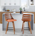 Trevi 26'' Fixed-Height Counter Stool - Set of 2 - Walnut Wood, Orange Fabric, Black Metal