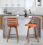 Trevi 26'' Fixed-Height Counter Stool - Set of 2 - Walnut Wood, Orange Fabric, Black Metal