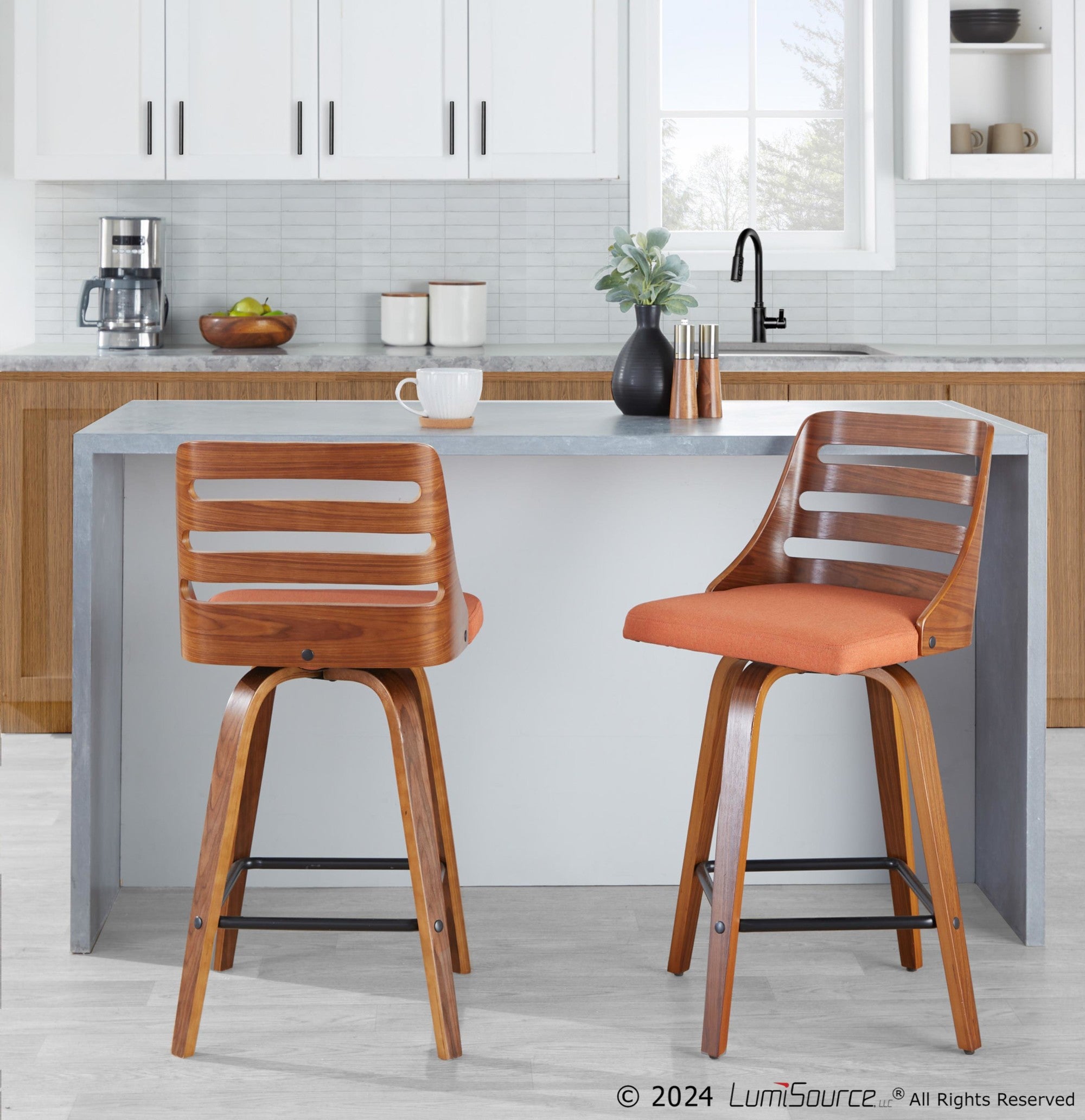 Trevi 26'' Fixed-Height Counter Stool - Set of 2 - Walnut Wood, Orange Fabric, Black Metal