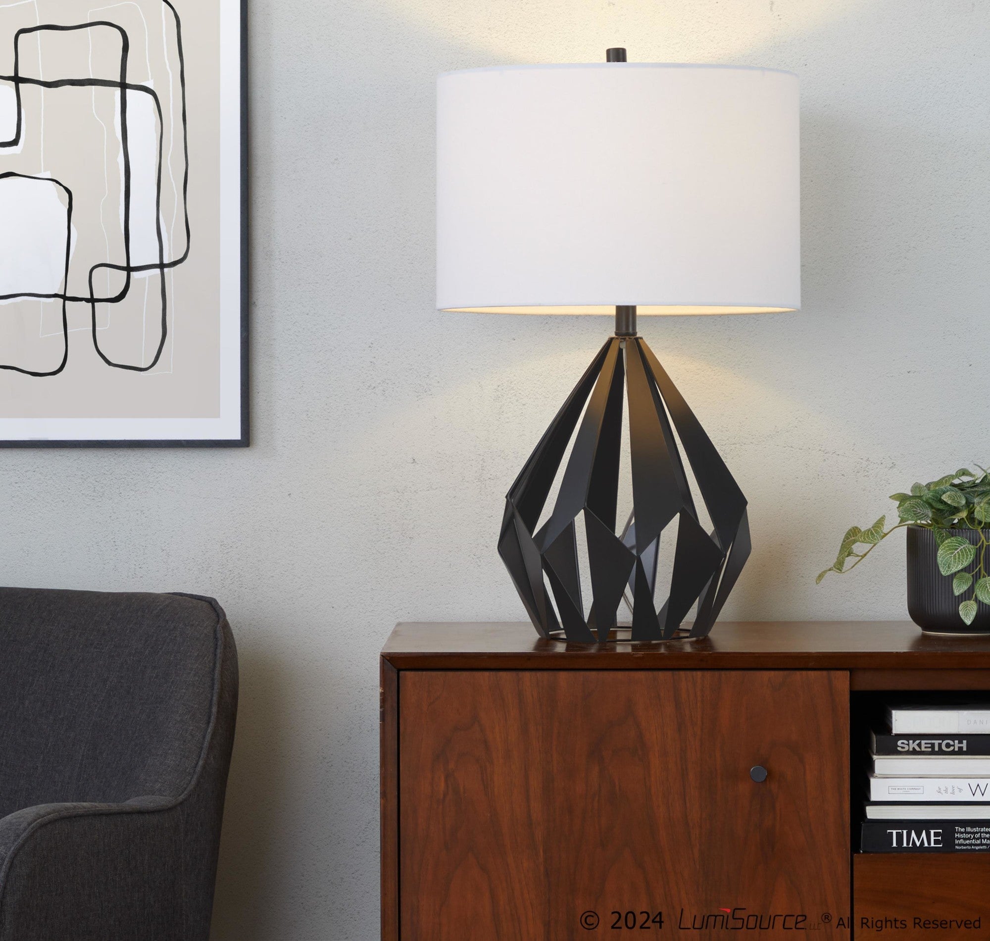 Geome Tri 28" Metal Table Lamp - Set of 2 - Matte Black Metal, White Linen