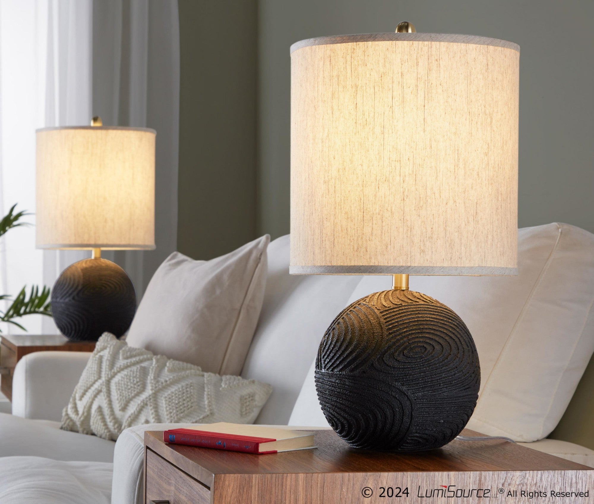 Kona 23" Polyresin Table Lamp - Set of 2 - Matte Black Polyresin, Modern Brass, Natural Linen