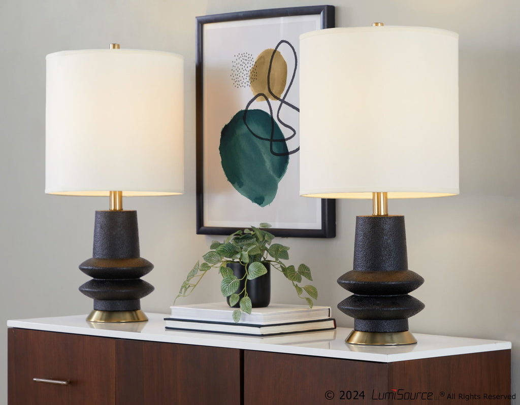 Lloyd 26" Polyresin Table Lamp  - Set of 2 - Sanded Matte Black Polyresin, Modern Brass, White Linen