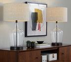 Botella 28" Glass Table Lamp With Usb - Set of 2 - Clear Dimpled Glass, Oil Bronze Metal, Natural Linen