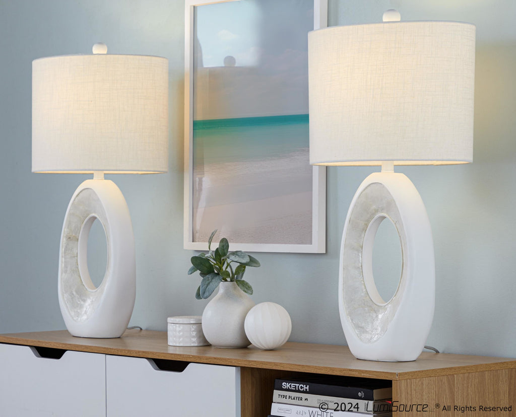 Pearl 29" Polyresin Table Lamp - Set of 2 - Matte White Polyresin, Natural Shell, White Linen