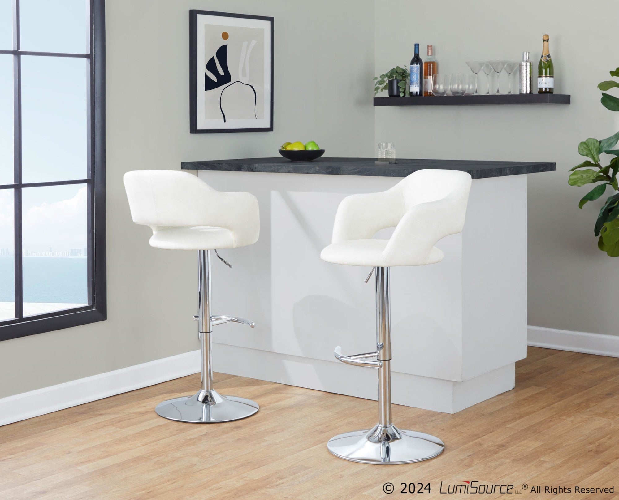 Margarite Adjustable Barstool - Set of 2 - Chrome Metal, Cream PU