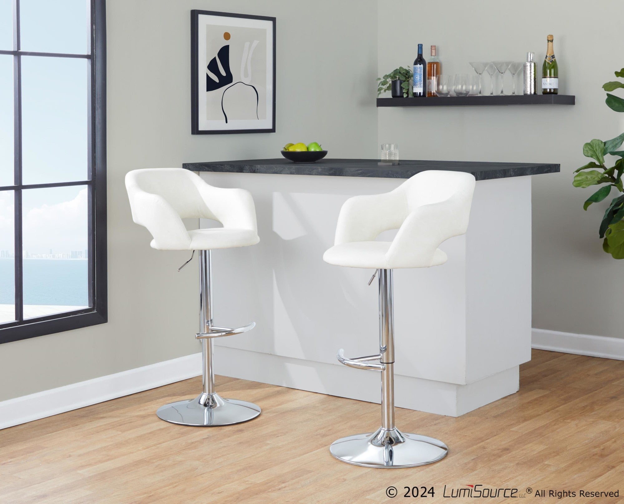Margarite Adjustable Barstool - Set of 2 - Chrome Metal, Cream PU