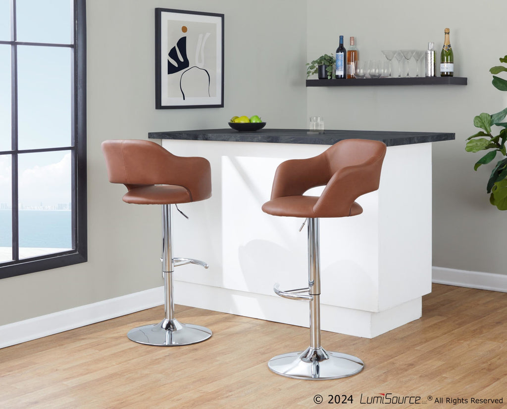 Margarite Adjustable Barstool - Set of 2 - Chrome Metal, Brown PU