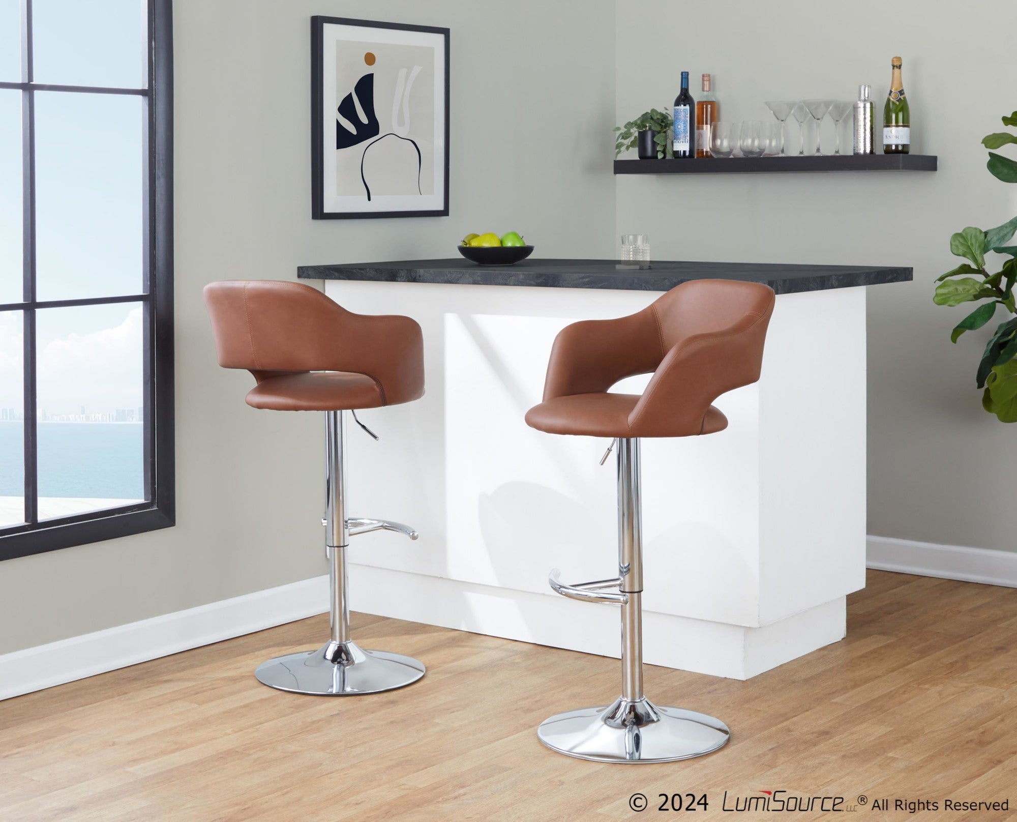 Margarite Adjustable Barstool - Set of 2 - Chrome Metal, Brown PU