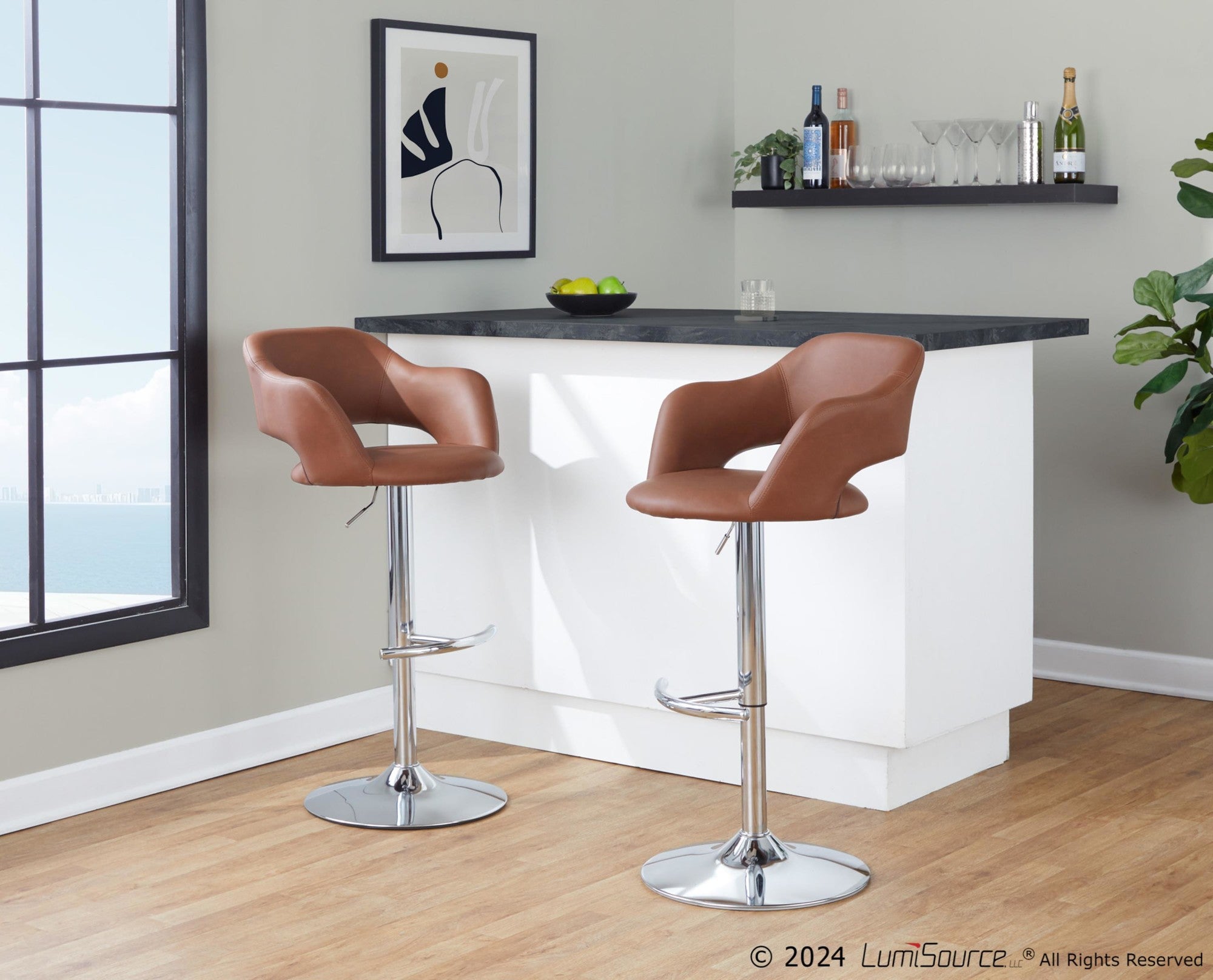 Margarite Adjustable Barstool - Set of 2 - Chrome Metal, Brown PU
