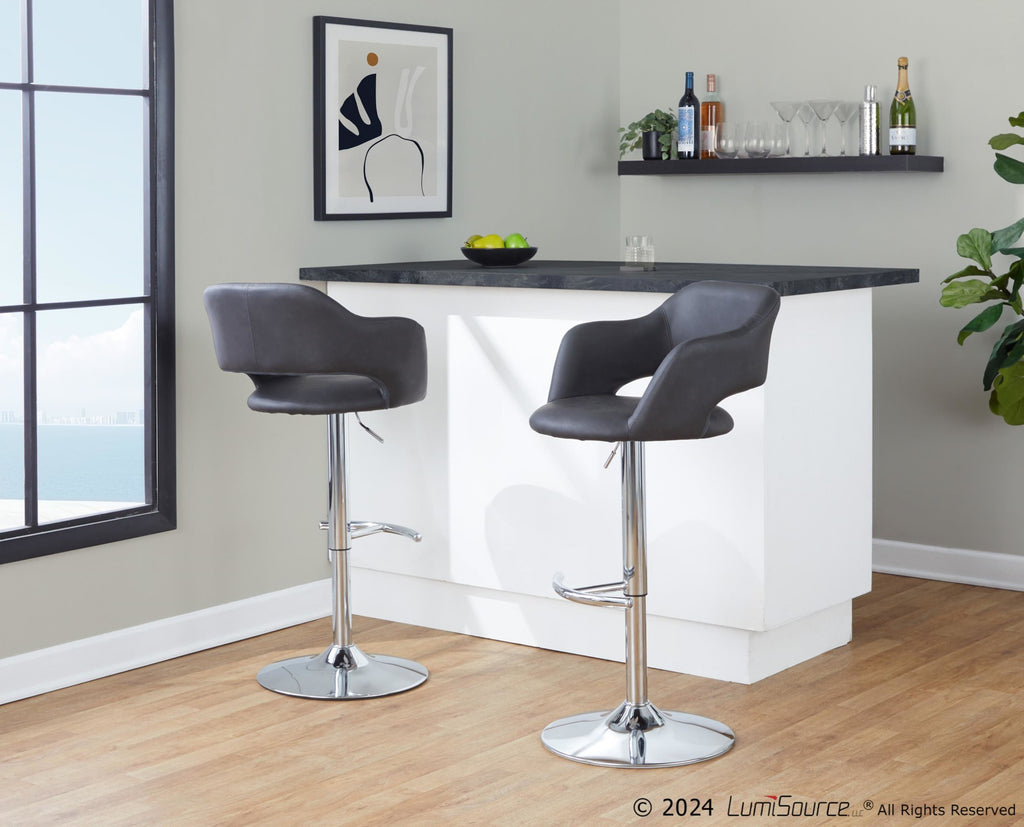 Margarite Adjustable Barstool - Set of 2 - Chrome Metal, Grey PU