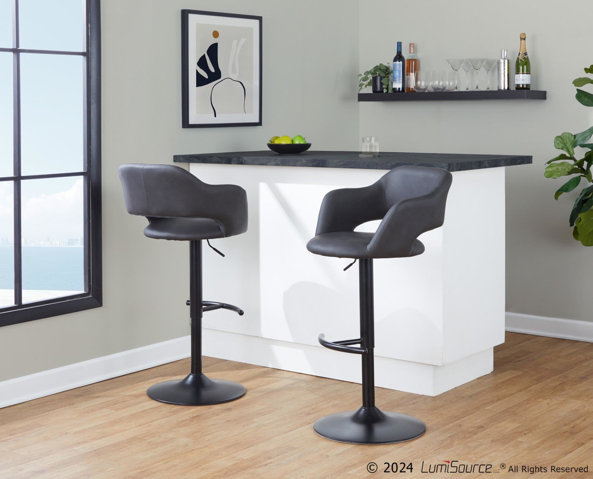 Margarite Adjustable Barstool - Set of 2 - Black Metal, Grey PU