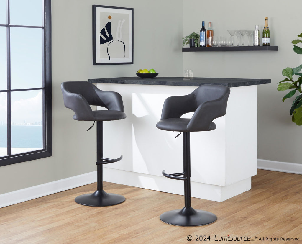 Margarite Adjustable Barstool - Set of 2 - Black Metal, Grey PU