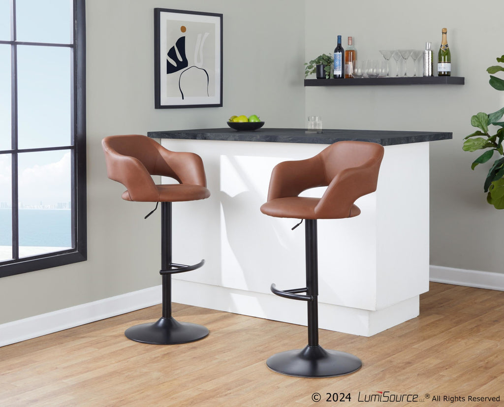 Margarite Adjustable Barstool - Set of 2 - Black Metal, Brown PU