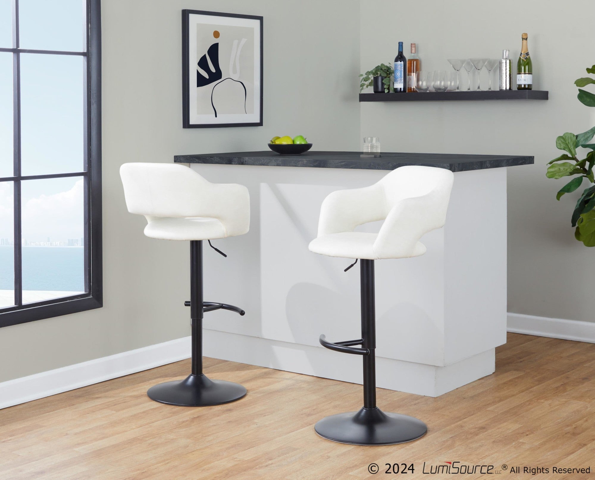 Margarite Adjustable Barstool - Set of 2 - Black Metal, Cream PU