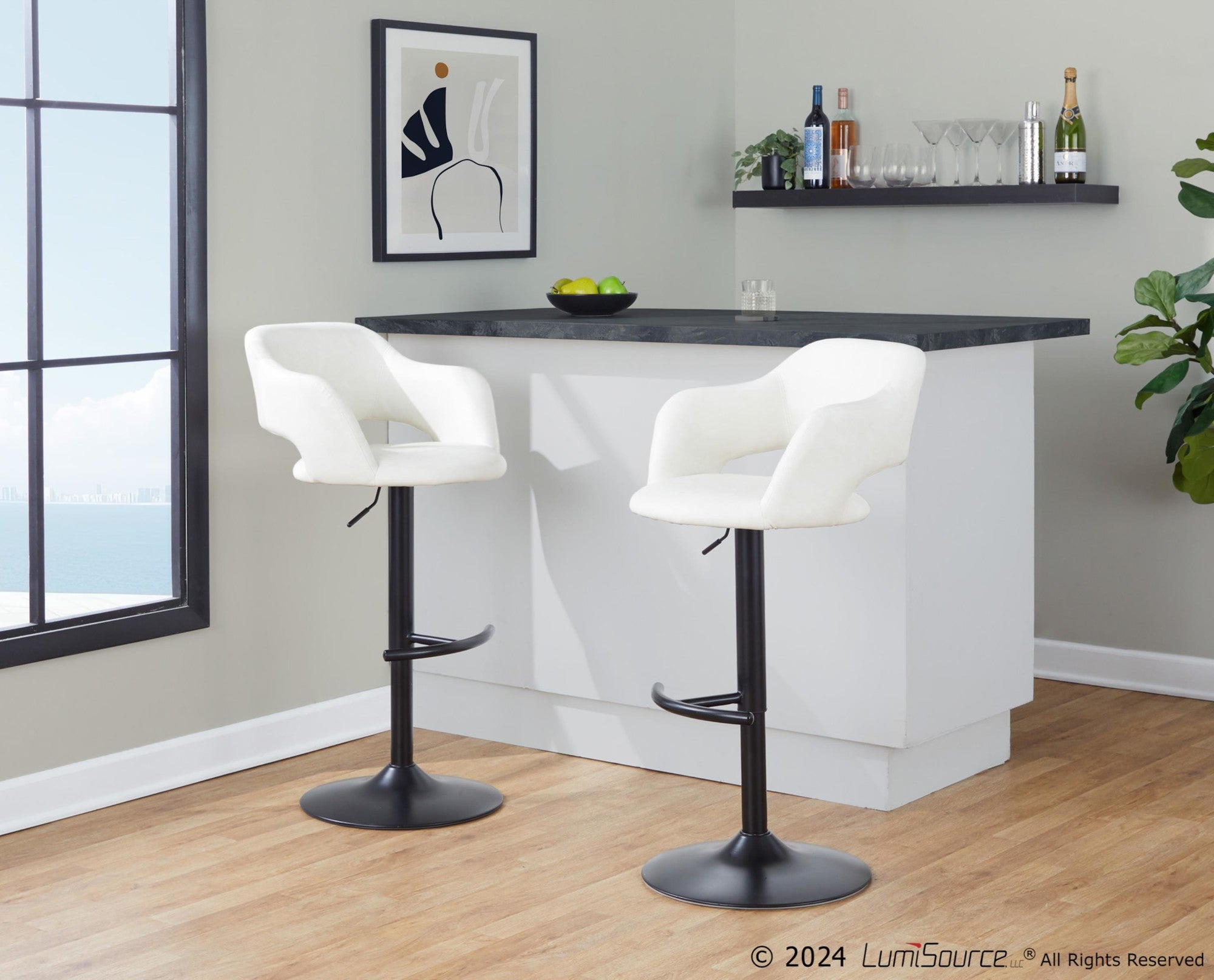 Margarite Adjustable Barstool - Set of 2 - Black Metal, Cream PU