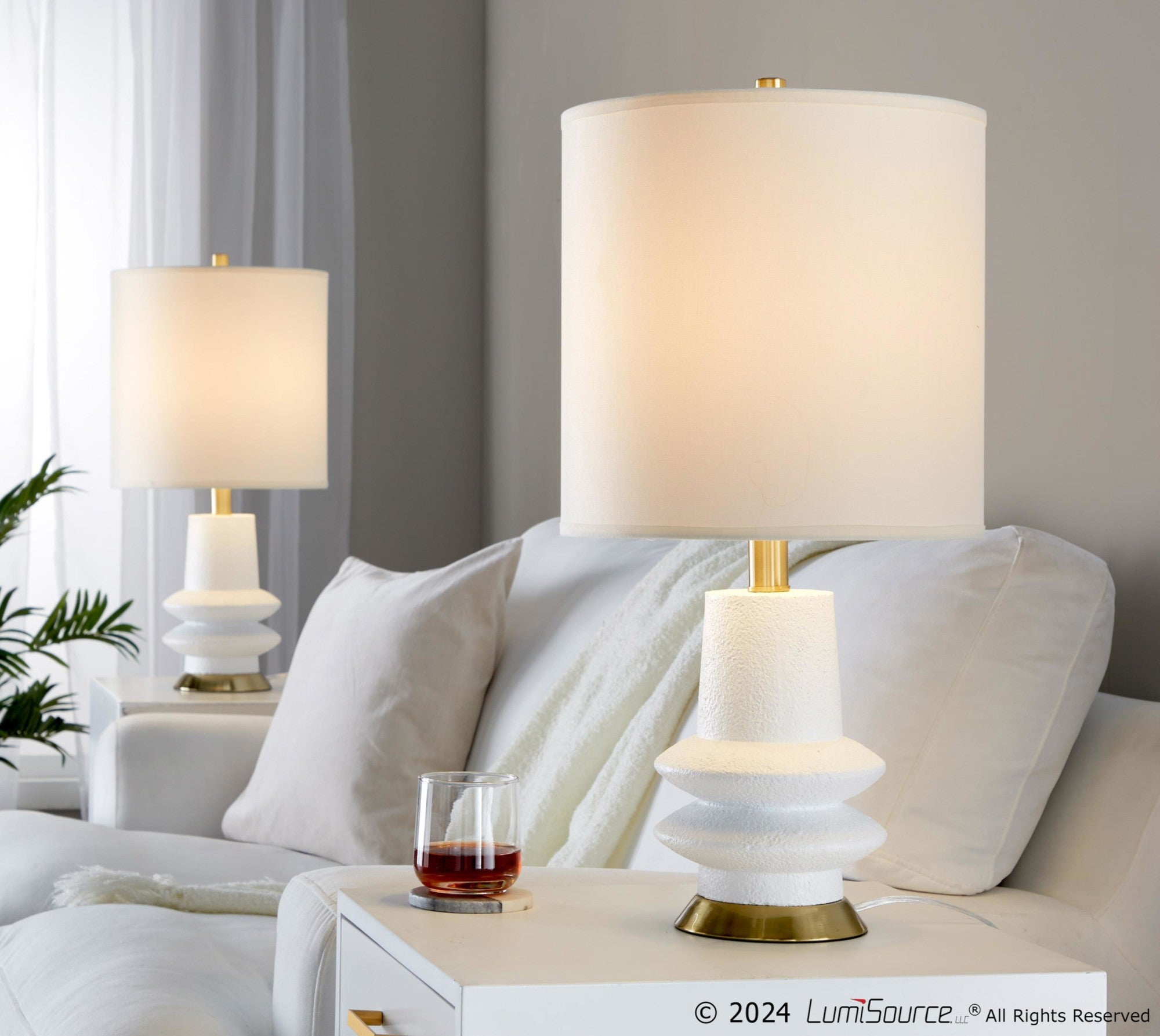 Lloyd 26" Polyresin Table Lamp  - Set of 2 - Sanded Matte White Polyresin, Modern Brass, White Linen