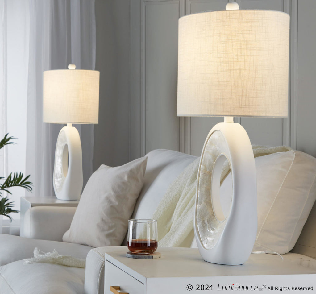 Pearl 29" Polyresin Table Lamp - Set of 2 - Matte White Polyresin, Natural Shell, White Linen