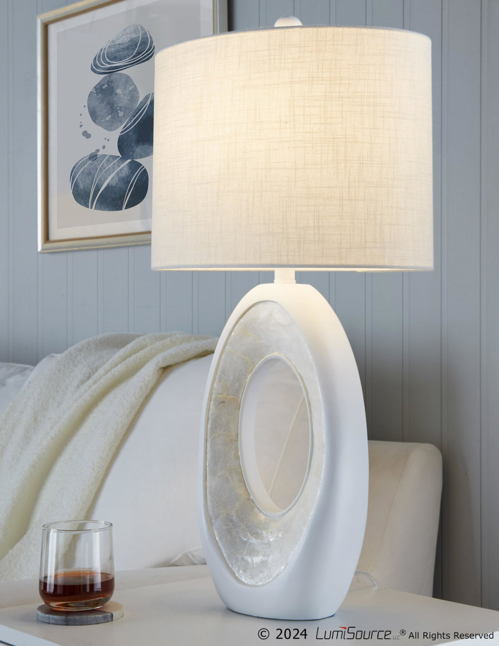 Pearl 29" Polyresin Table Lamp - Set of 2 - Matte White Polyresin, Natural Shell, White Linen