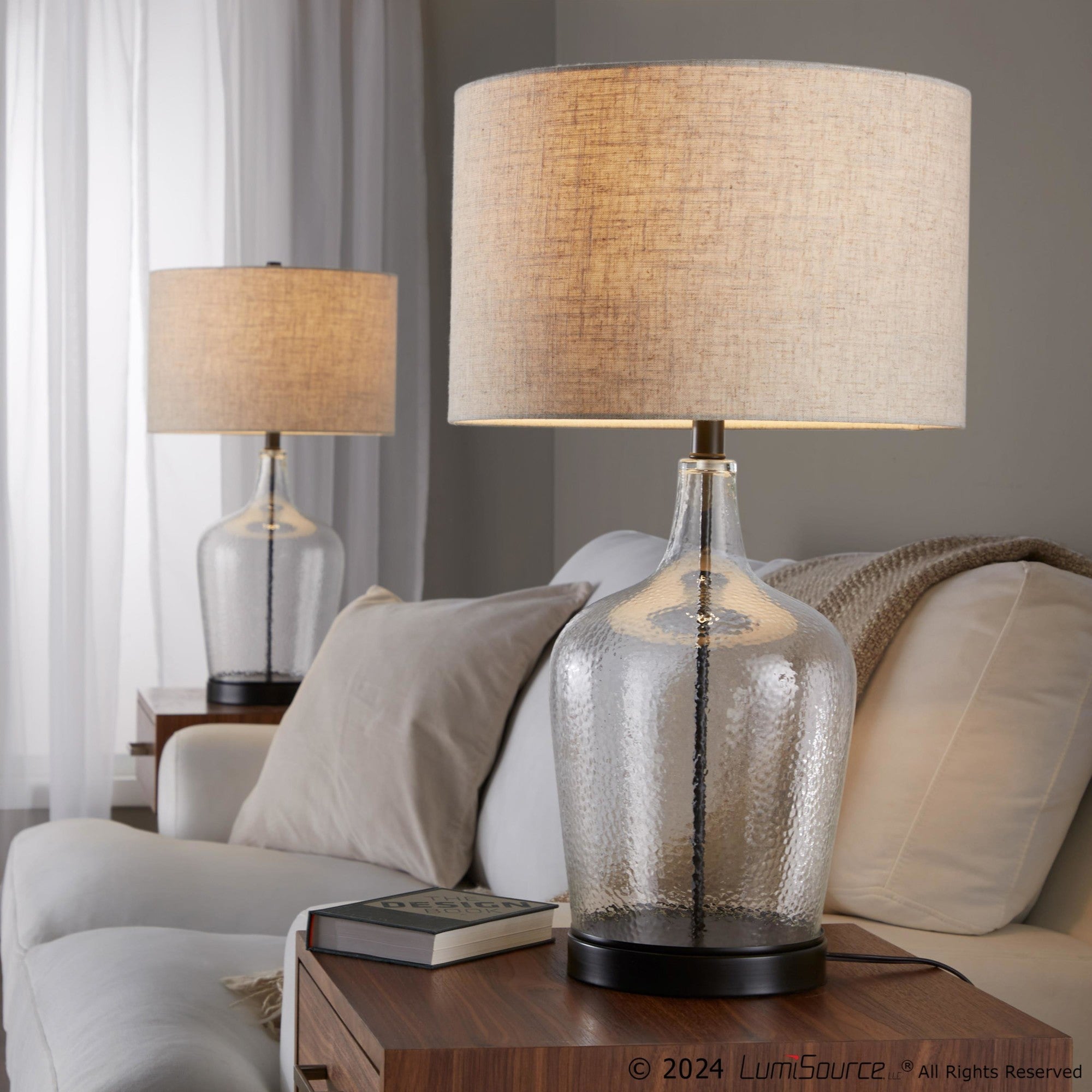 Botella 28" Glass Table Lamp With Usb - Set of 2 - Clear Dimpled Glass, Oil Bronze Metal, Natural Linen