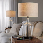 Botella 28" Glass Table Lamp With Usb - Set of 2 - Clear Dimpled Glass, Oil Bronze Metal, Natural Linen