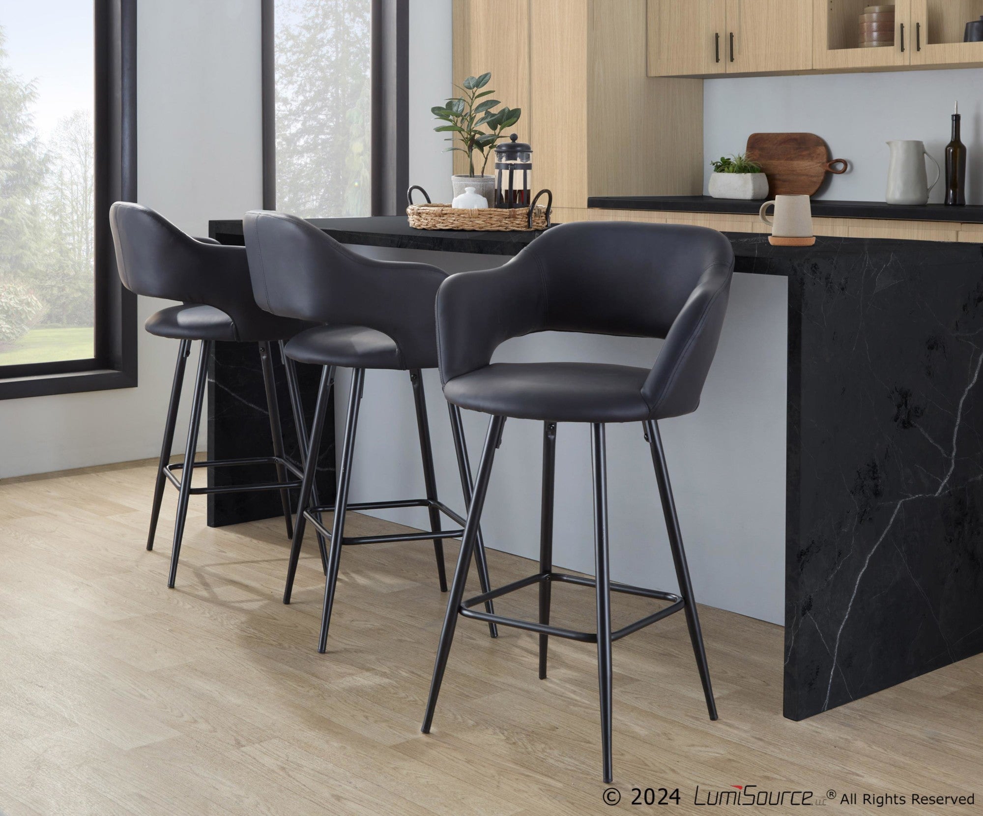 Margarite 26" Fixed-Height Counter Stool - Set of 2 - Black Metal, Black PU