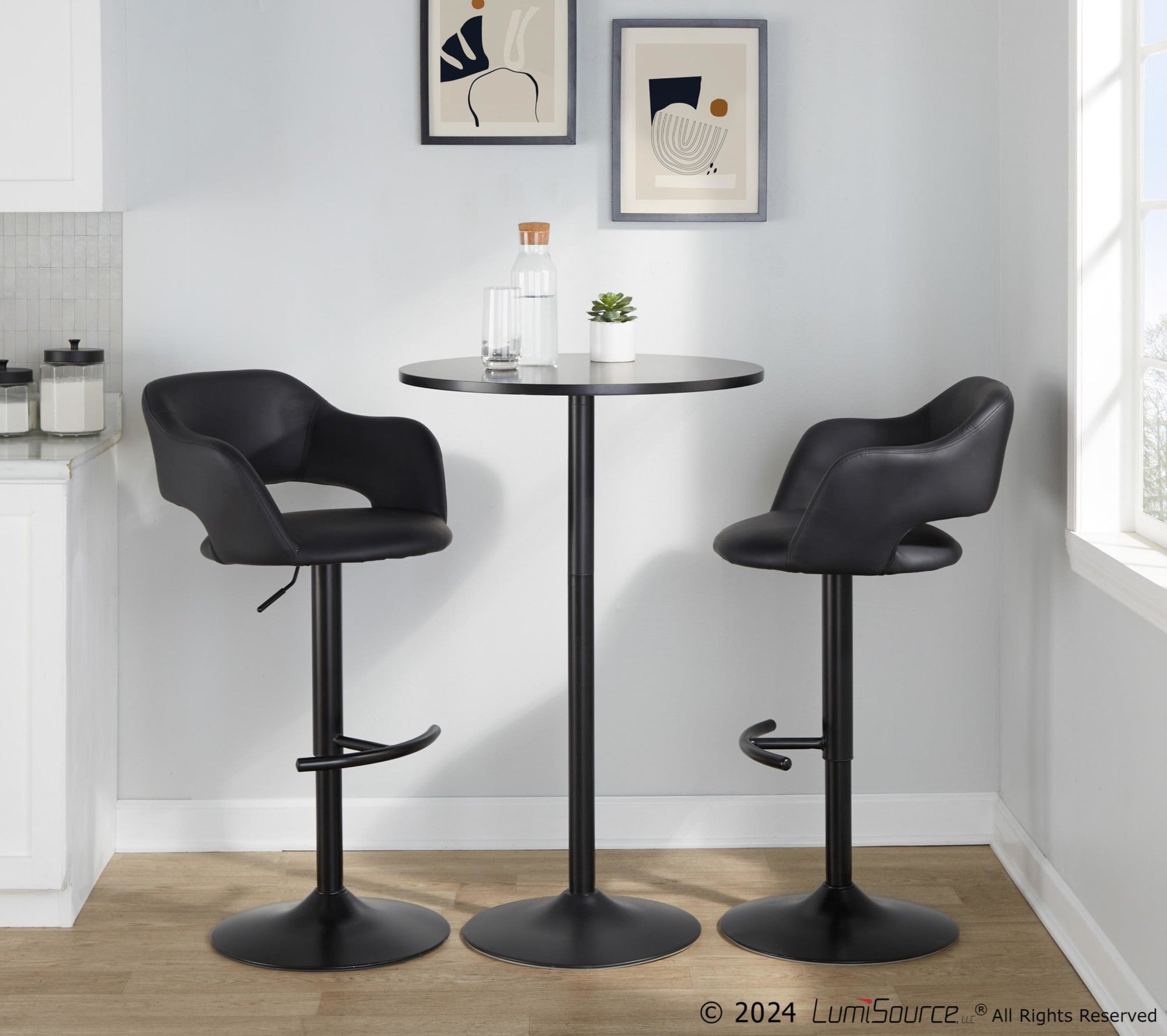 Margarite Adjustable Barstool - Set of 2 - Black Metal, Black PU
