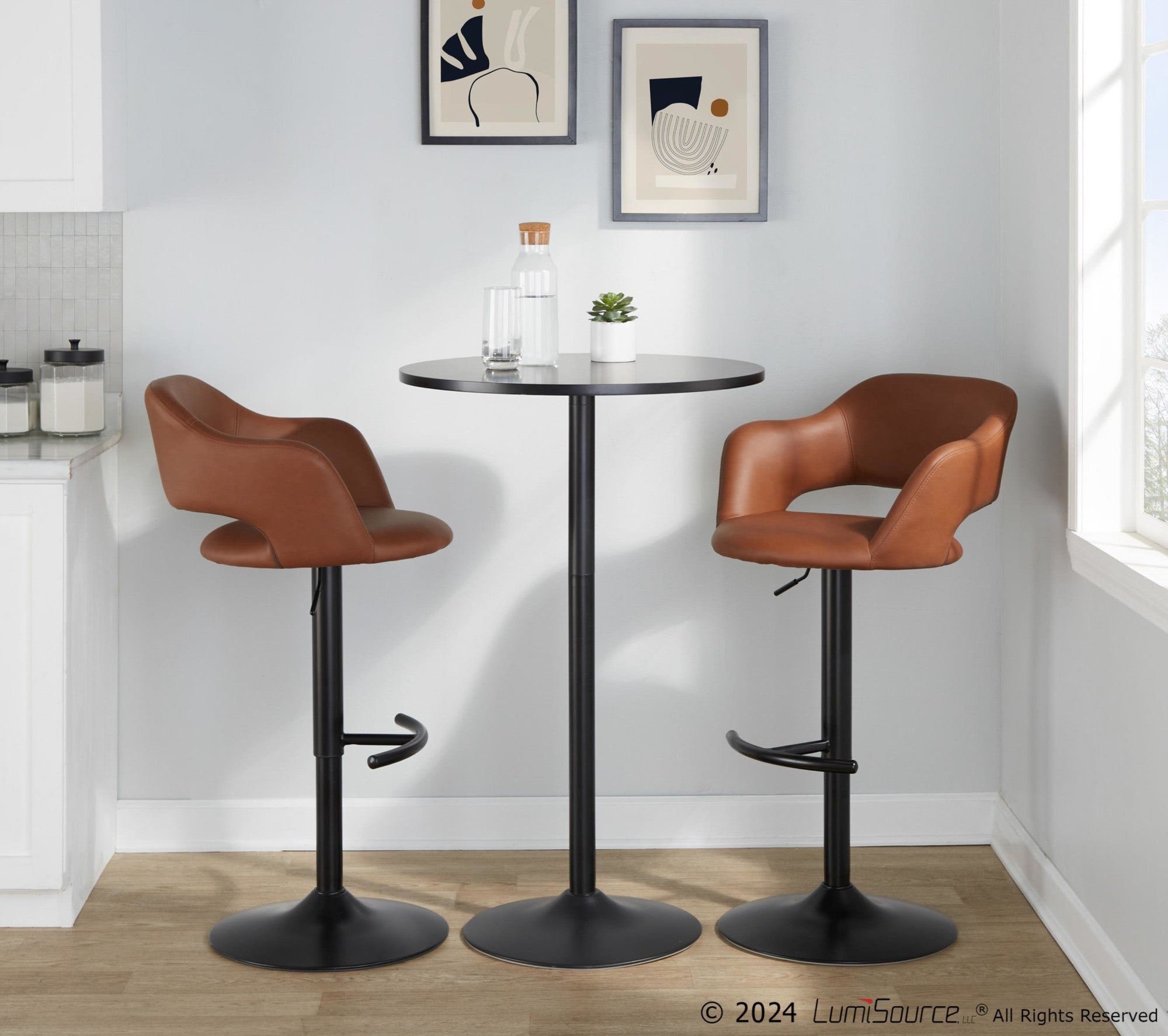 Margarite Adjustable Barstool - Set of 2 - Black Metal, Brown PU