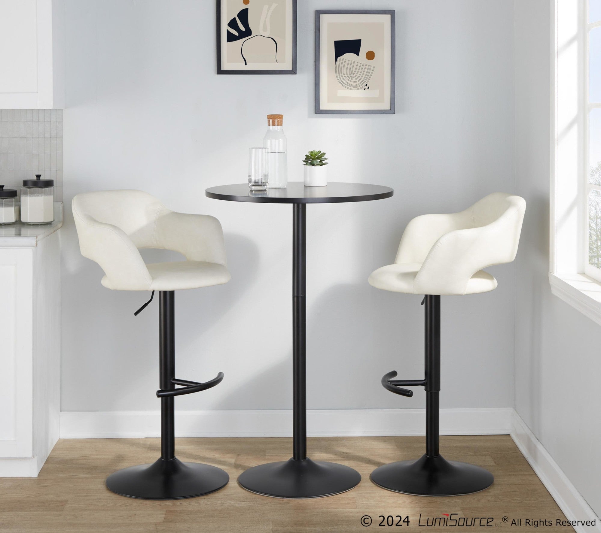 Margarite Adjustable Barstool - Set of 2 - Black Metal, Cream PU