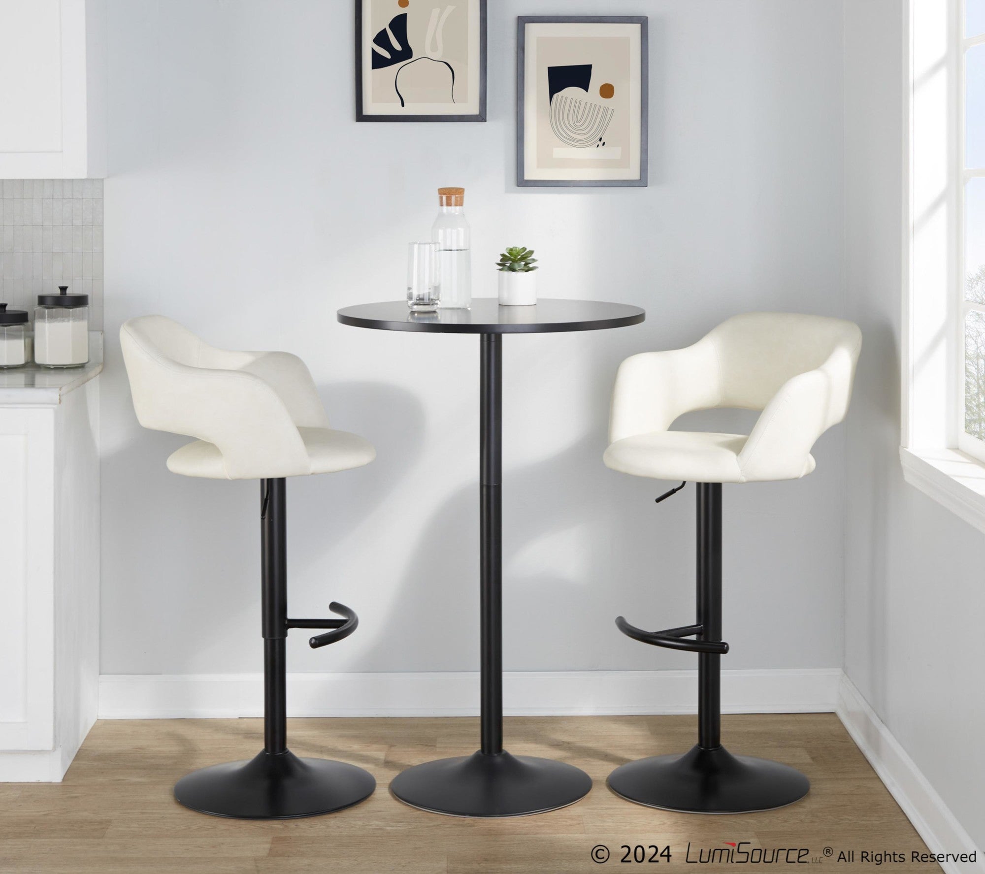 Margarite Adjustable Barstool - Set of 2 - Black Metal, Cream PU