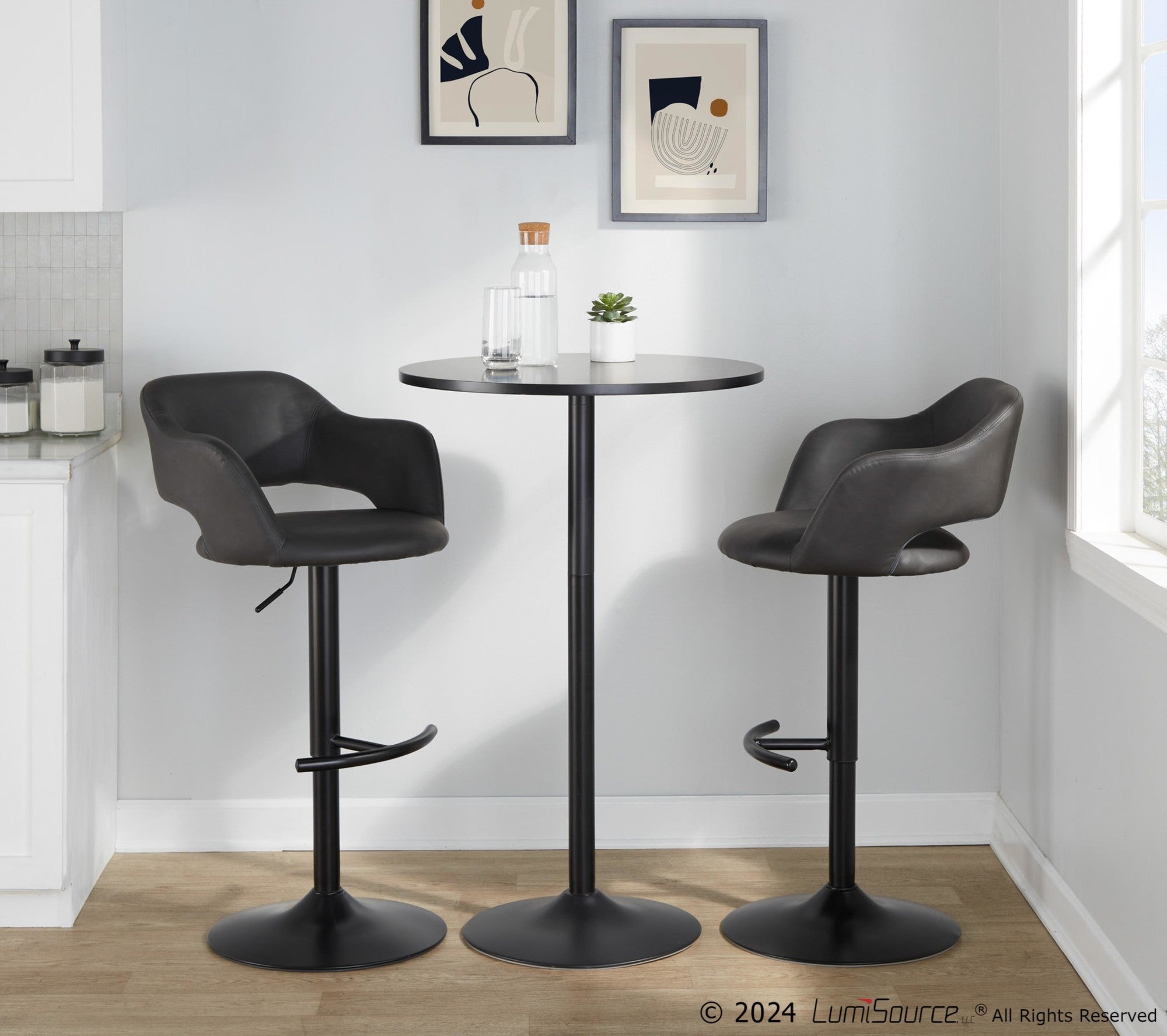 Margarite Adjustable Barstool - Set of 2 - Black Metal, Grey PU