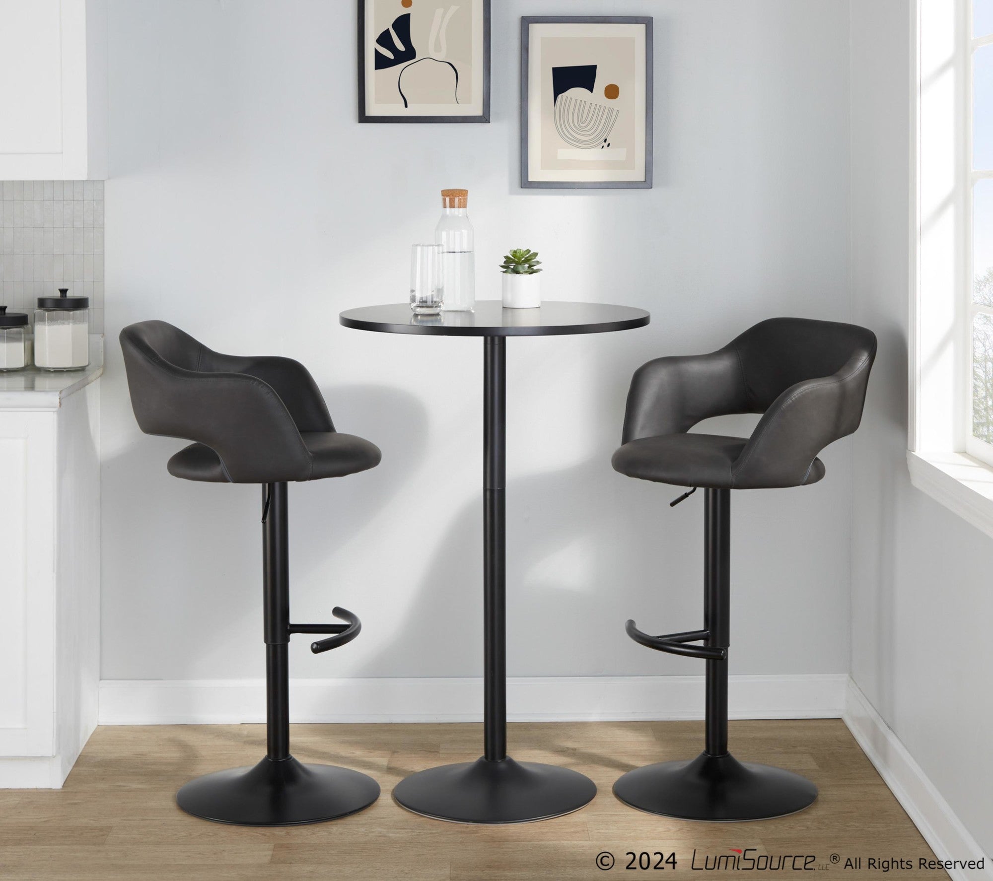 Margarite Adjustable Barstool - Set of 2 - Black Metal, Grey PU