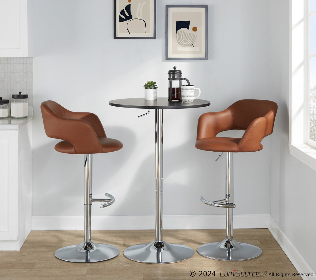 Margarite Adjustable Barstool - Set of 2 - Chrome Metal, Brown PU