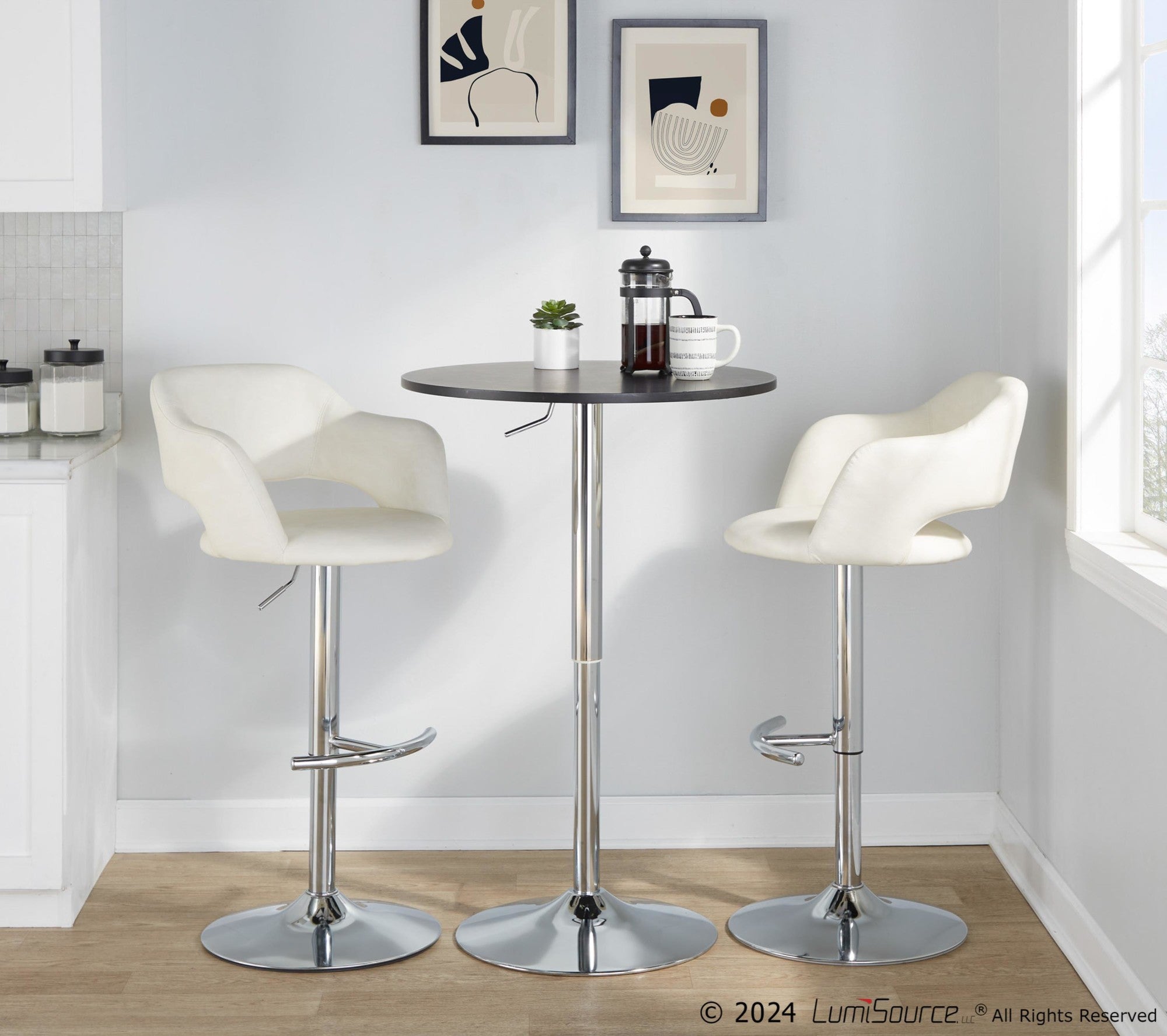 Margarite Adjustable Barstool - Set of 2 - Chrome Metal, Cream PU