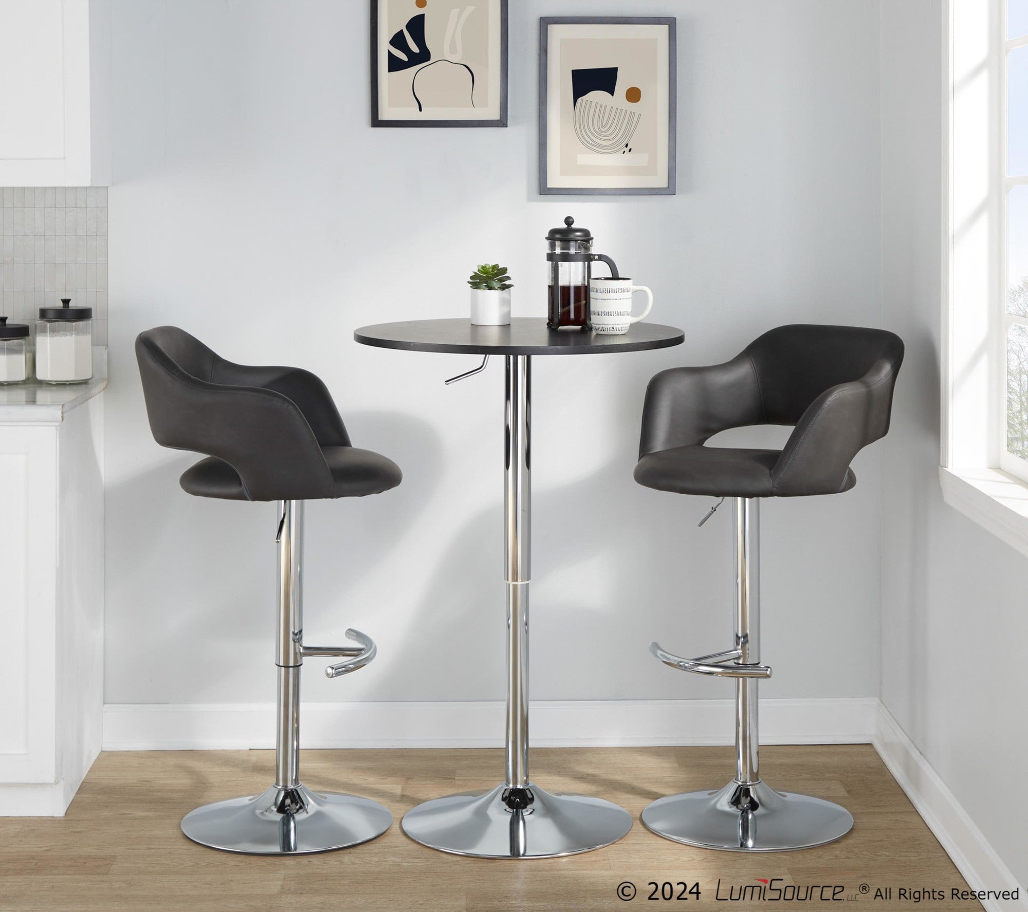 Margarite Adjustable Barstool - Set of 2 - Chrome Metal, Grey PU