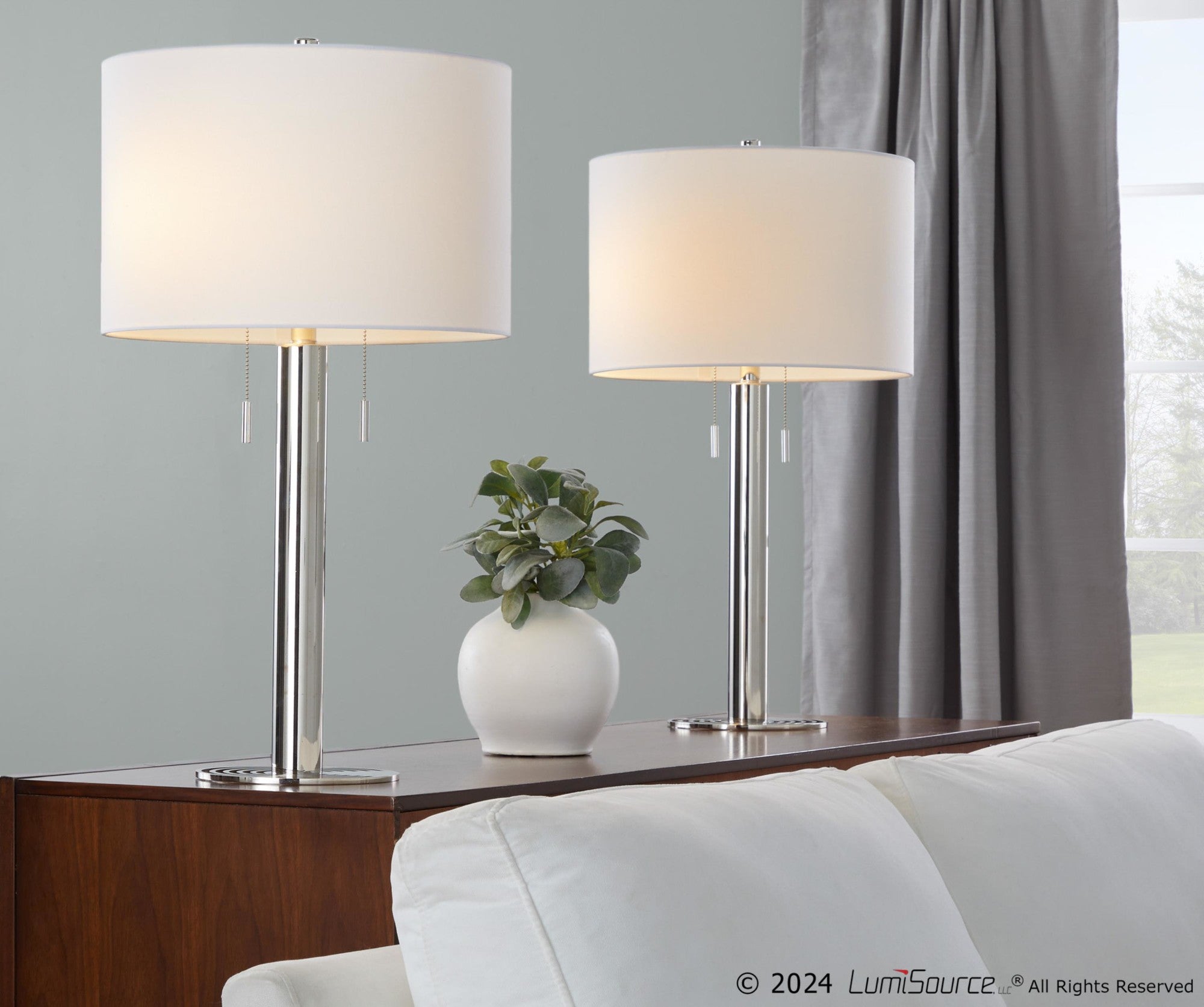 Master 29" Metal Table Lamp - Set of 2 - Polished Nickel, White Linen