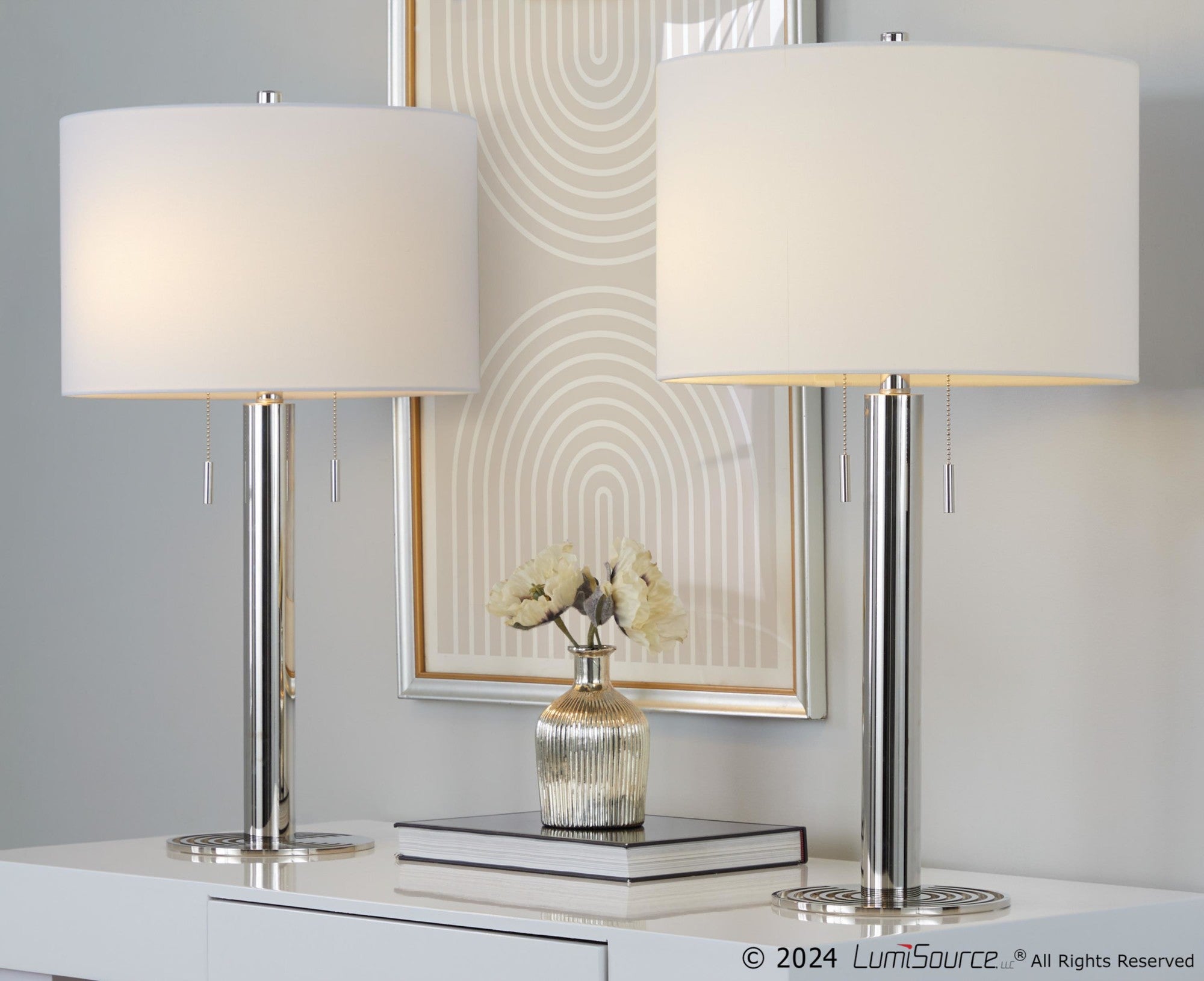 Master 29" Metal Table Lamp - Set of 2 - Polished Nickel, White Linen
