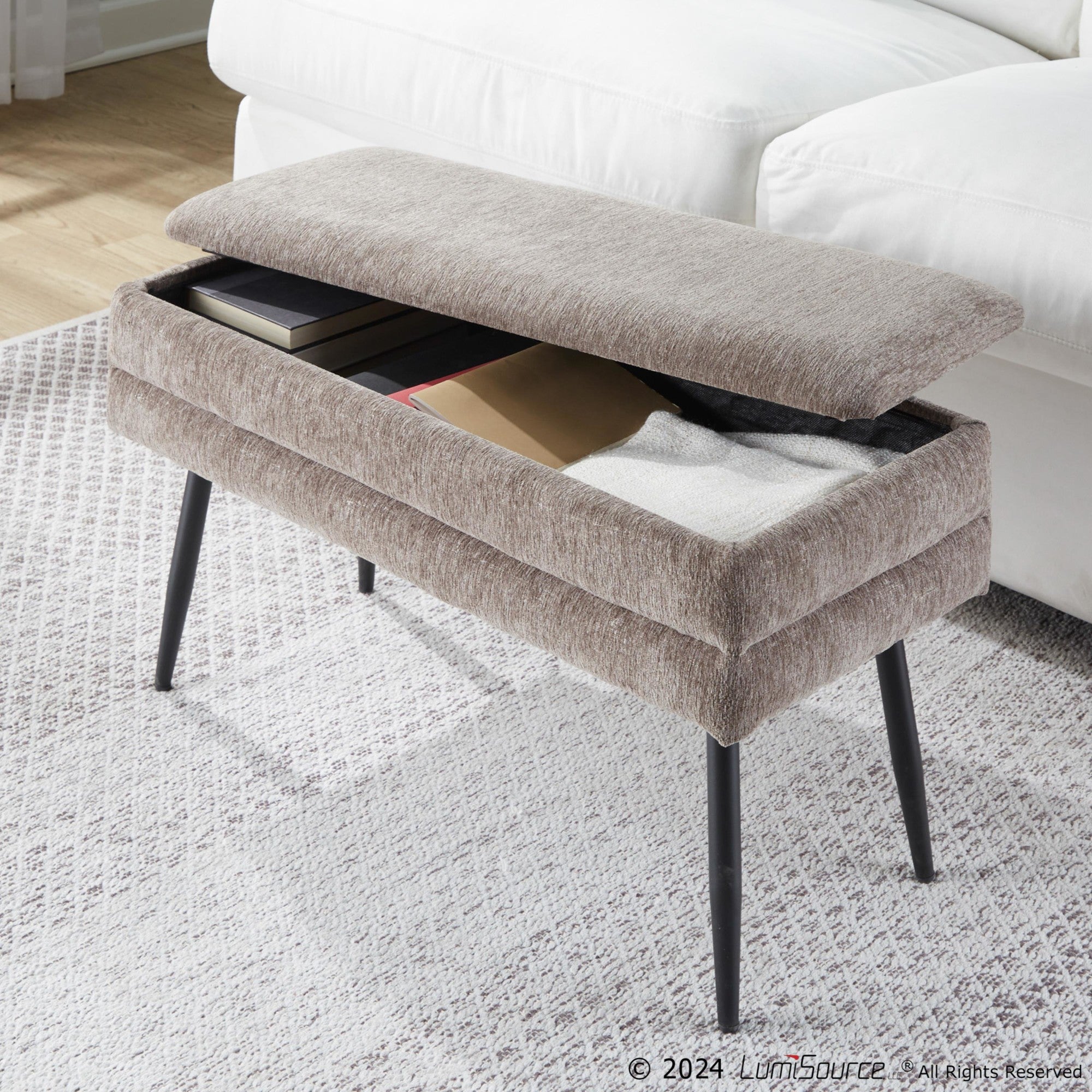 Neapolitan Storage Bench - Black Metal, Brown Fabric