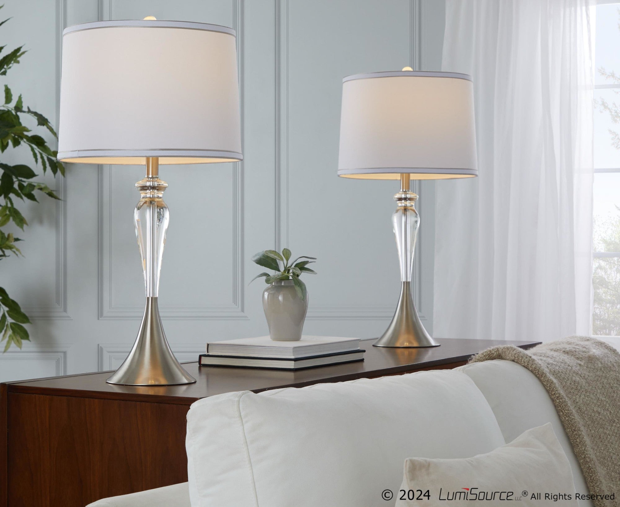 Ashland 28" Crystal Table Lamp - Set of 2 - Clear Crystal, Brushed Nickel, White Linen
